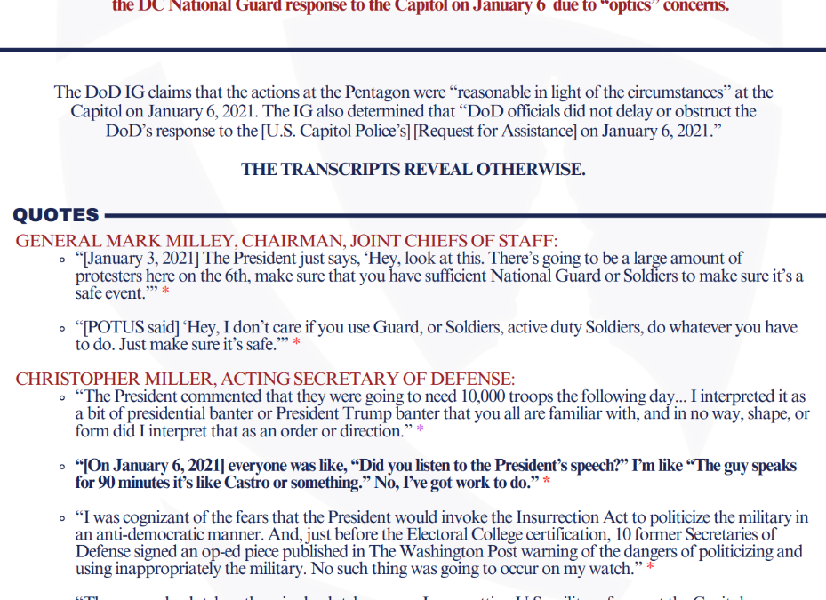 Transcripts Show President Trump's Directives to Pentagon Leadership to "Keep January 6 Safe" Were Deliberately Ignored
