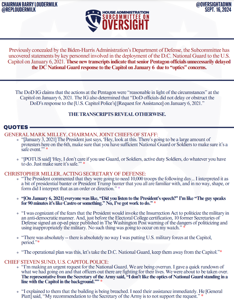 Transcripts Show President Trump's Directives to Pentagon Leadership to "Keep January 6 Safe" Were Deliberately Ignored